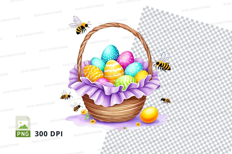 Easter basket with decorated eggs and bees