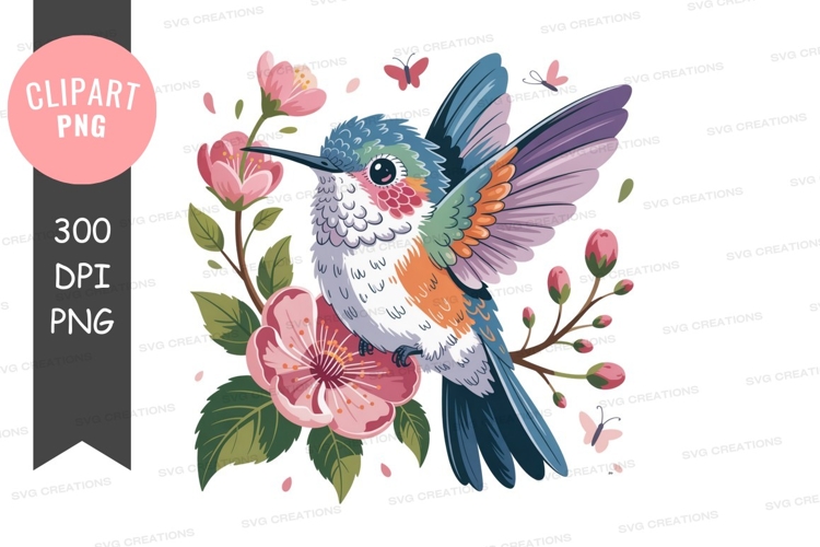 Hummingbird with flowers clipart png