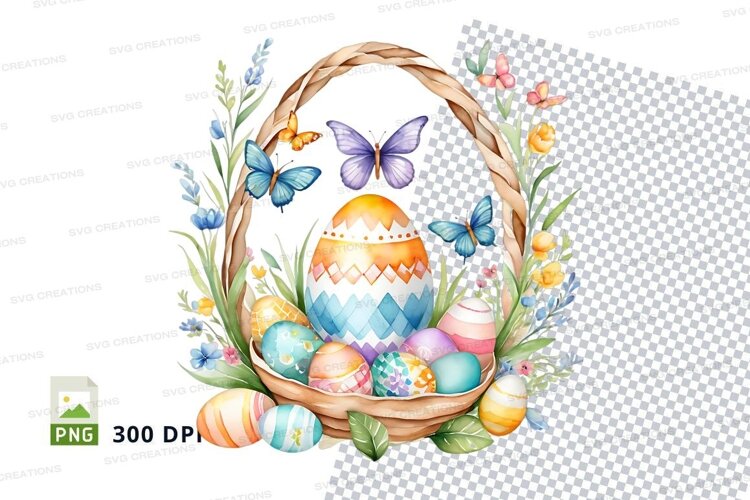 Easter basket with decorated eggs and butterflies example image 1