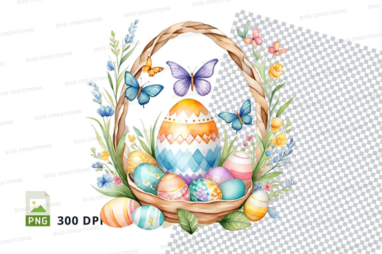Easter basket with decorated eggs and butterflies