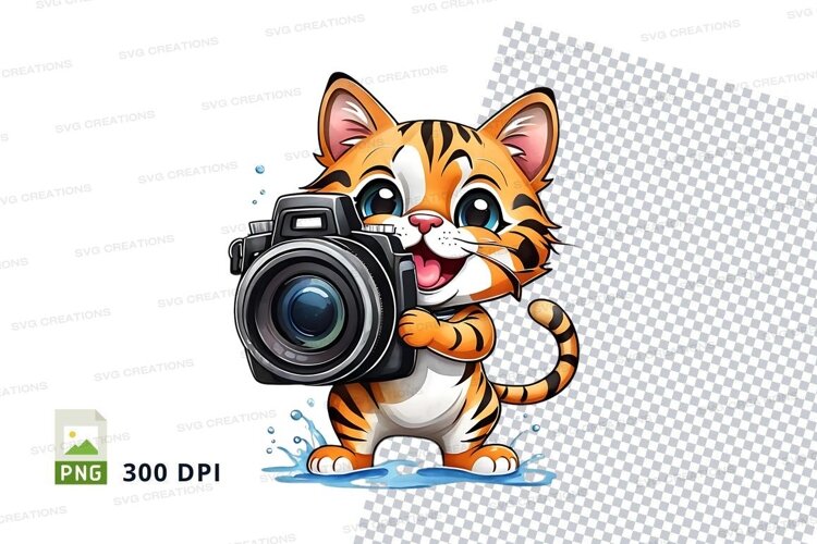Playful tiger kitten with camera example image 1