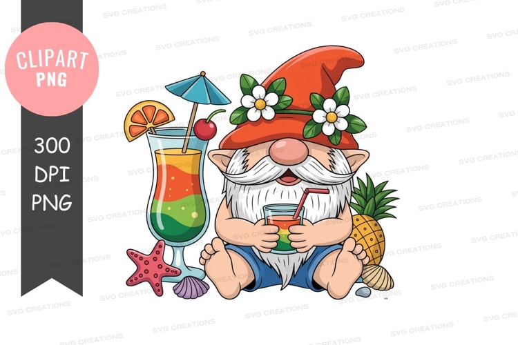 Cheerful gnome enjoying tropical drinks