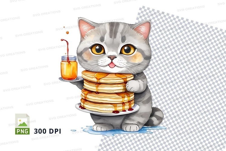 Cartoon cat holding pancakes and juice clipart png