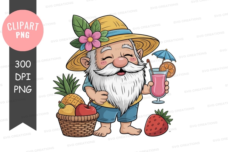 Cheerful gnome with fruits and drink