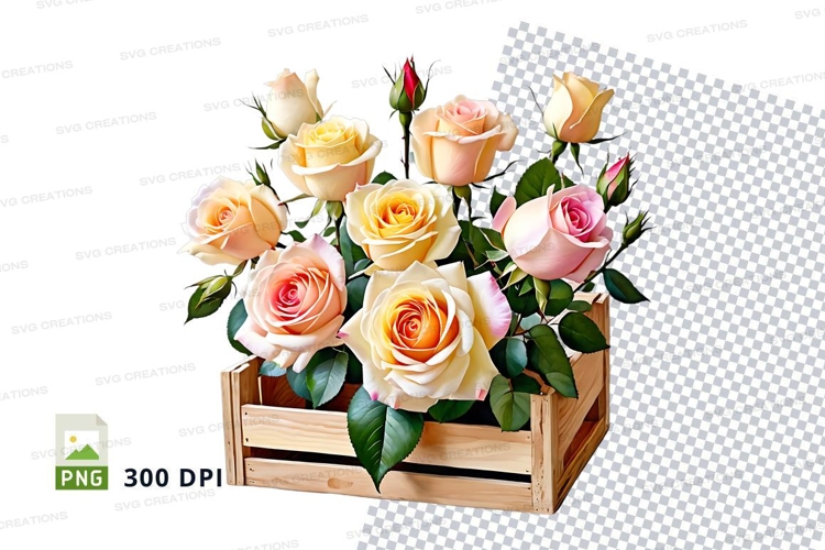 Flower bouquet in wooden crate mockup
