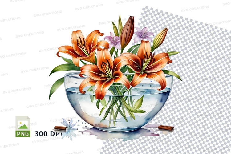 Orange lilies in glass vase clipart png