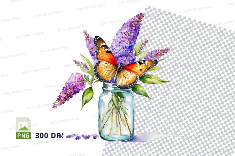 Watercolor butterfly on flowers in a jar png