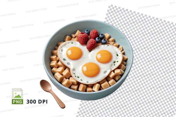 Breakfast bowl mockup with heart-shaped eggs and berries