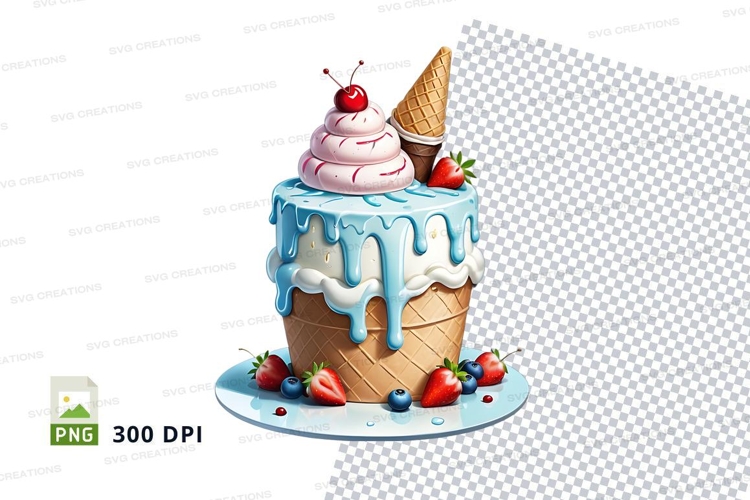 Ice cream cone mockup with blue drizzle and toppings