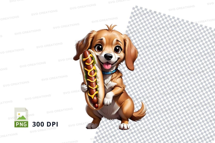 Cartoon dog holding hot dog clipart png