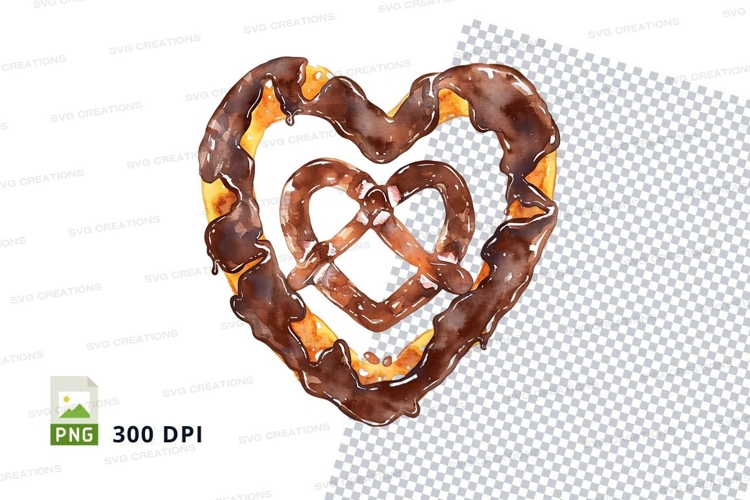 Chocolate drizzled heart-shaped pretzel clipart png