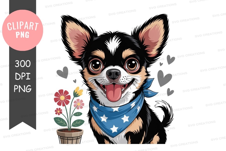 Happy chihuahua with bandana and flowers