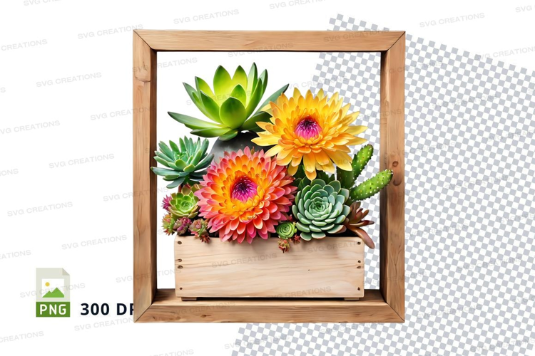 Wooden box with succulents and flowers mockup
