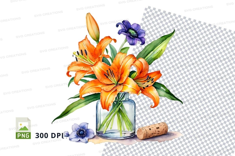 Watercolor flower bouquet in vase clipart png