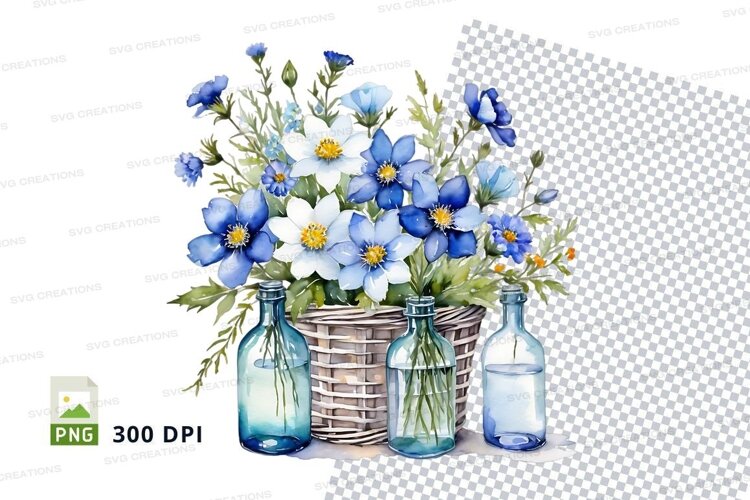 Watercolor floral bouquet in blue and white example image 1