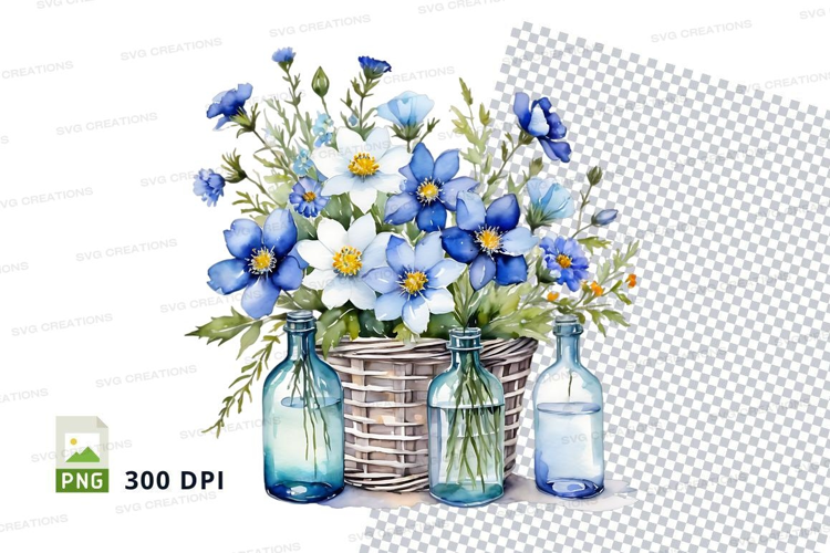 Watercolor floral bouquet in blue and white