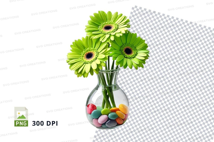 Green gerbera daisies in a glass vase with colored eggs clip