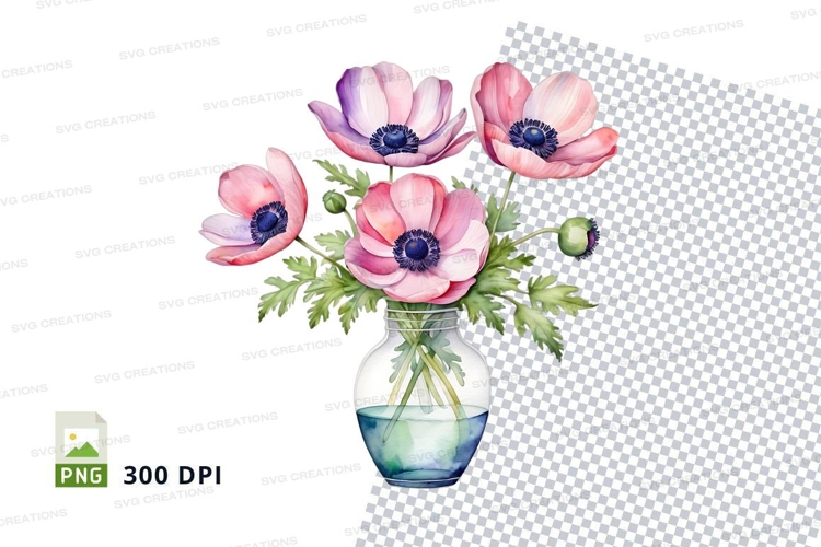 Watercolor anemone flowers in vase clipart png
