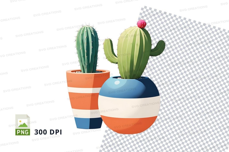 Cactus in colorful pots clipart png