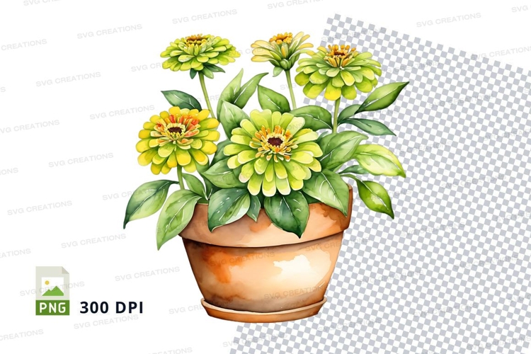 Watercolor flower pot with green flowers png