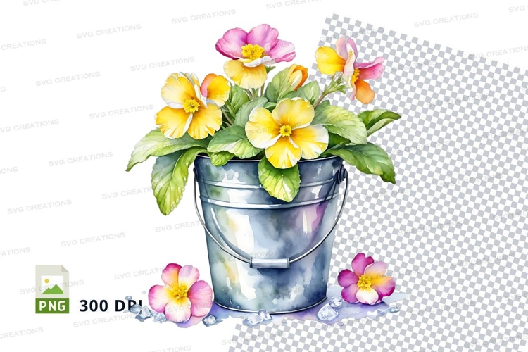Watercolor flowers in metal bucket