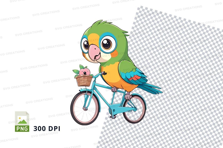 Cartoon parrot riding bicycle clipart png