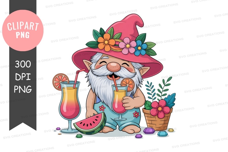 Cheerful gnome enjoying summer drinks