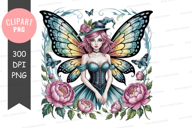 Enchanted fairy with wings and floral surroundings