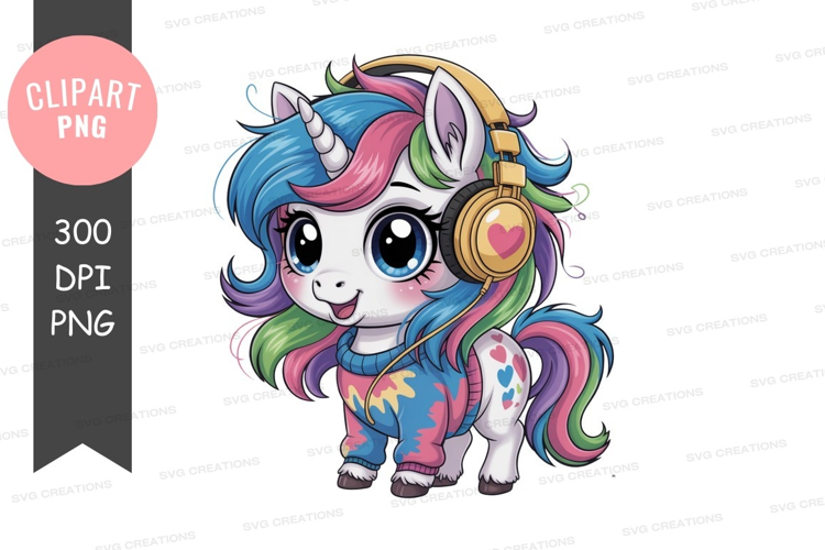 Colorful unicorn listening to music