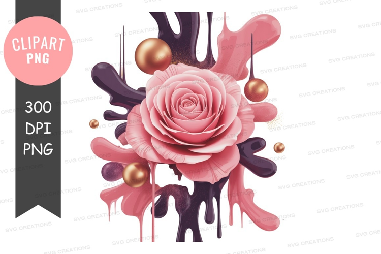 Pink rose with gold accents and paint splatter
