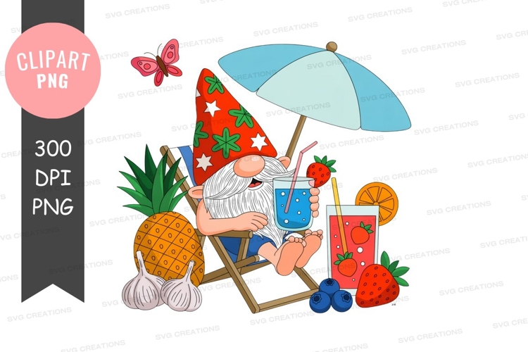 Relaxing gnome with fruits and drinks