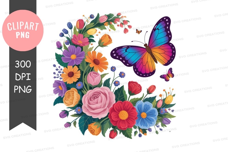 Colorful floral bouquet with butterflies clipart png
