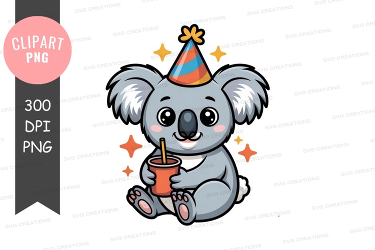 Koala celebrating with a party hat and drink