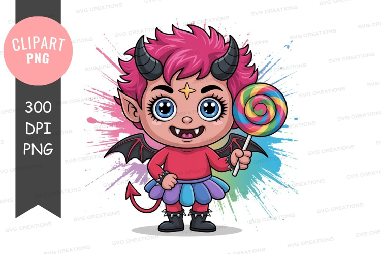 Playful devil character holding a lollipop