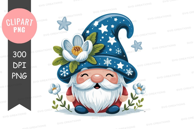 Cheerful gnome with blue hat and flowers