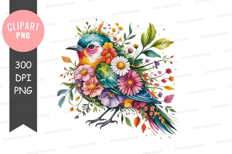 Colorful bird with flowers clipart png