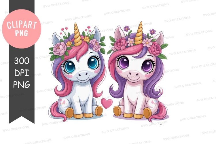 Two cute unicorns with floral crowns example image 1