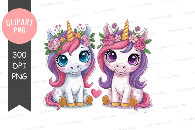 Two cute unicorns with floral crowns