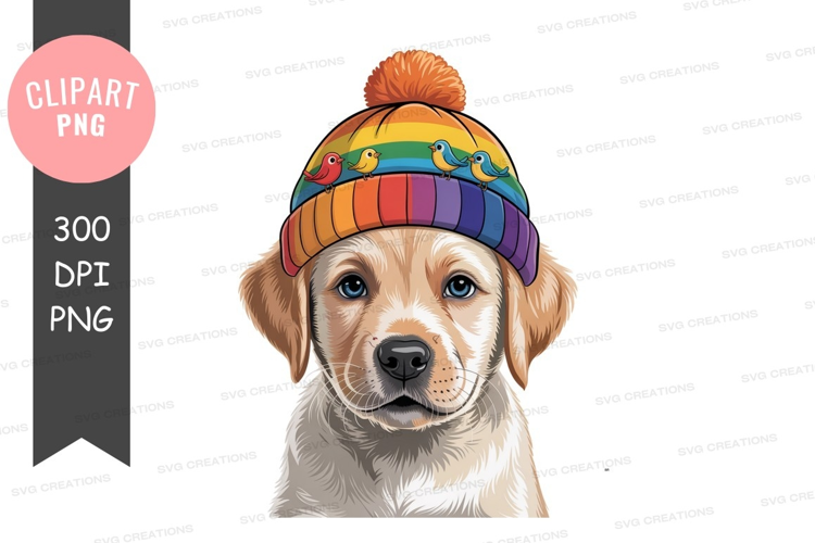 Adorable puppy with colorful hat