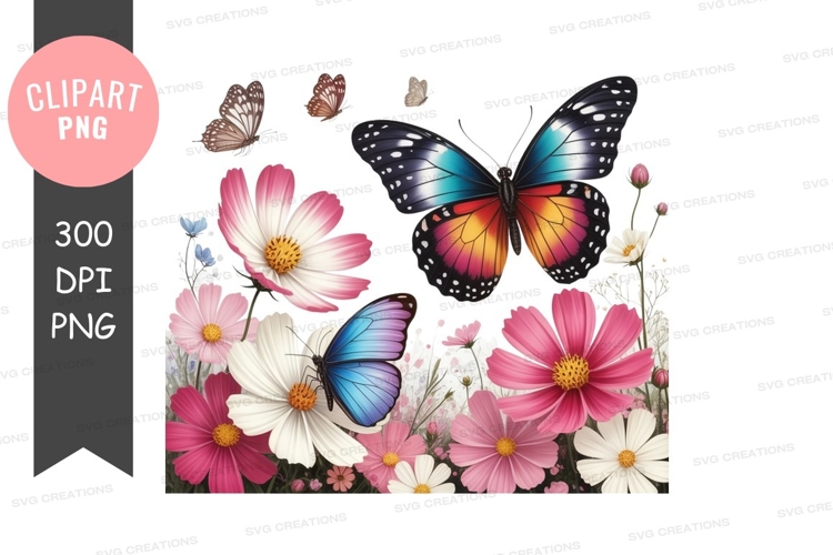 Colorful butterflies and flowers clipart png