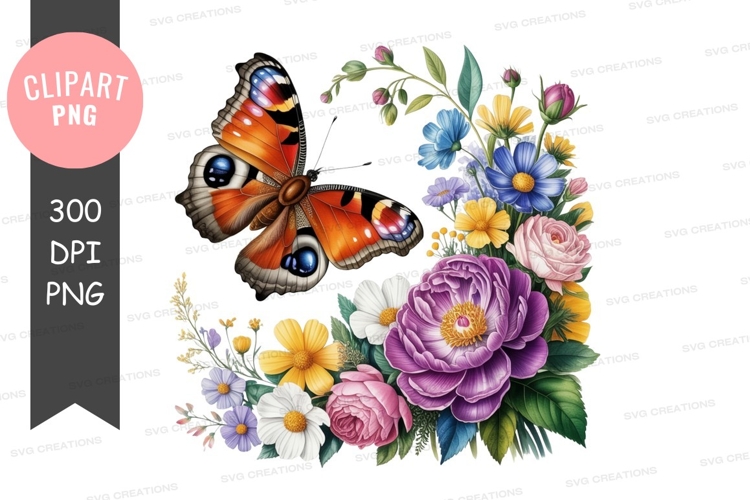 Vibrant butterfly amongst colorful flowers