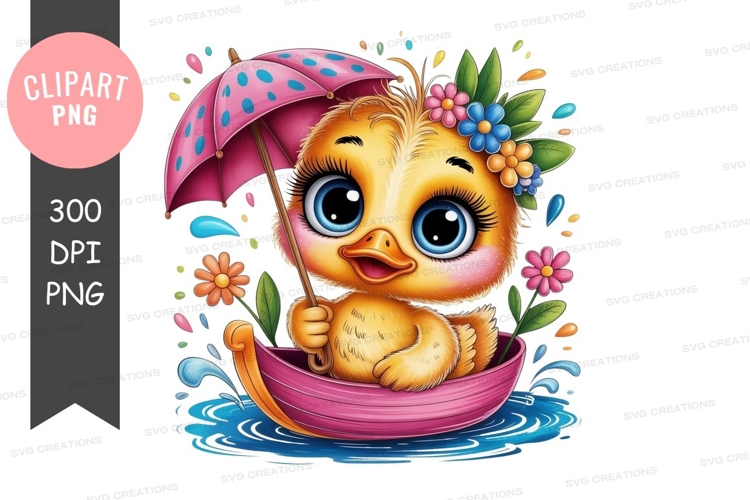 Adorable duckling in a boat with umbrella