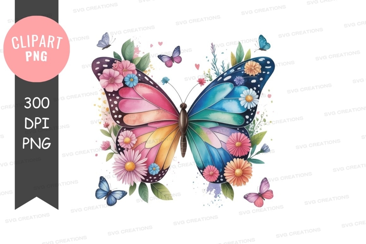 Colorful butterfly with flowers clipart png