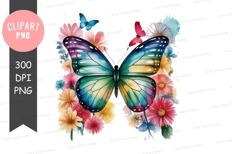 Colorful butterfly with flowers clipart png