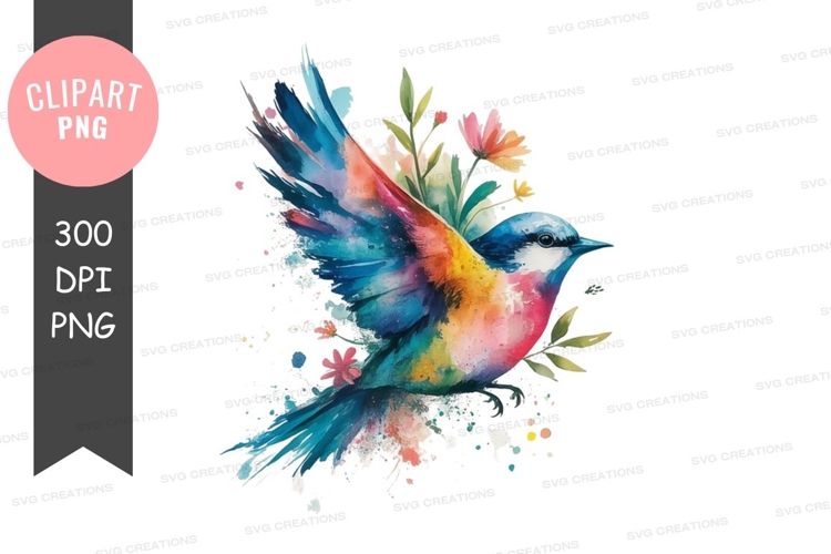 Colorful bird in flight with flowers