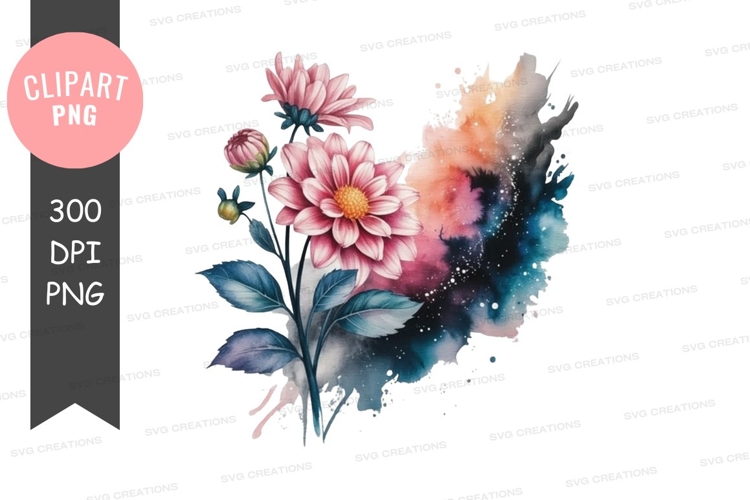 Pink dahlia with watercolor splash