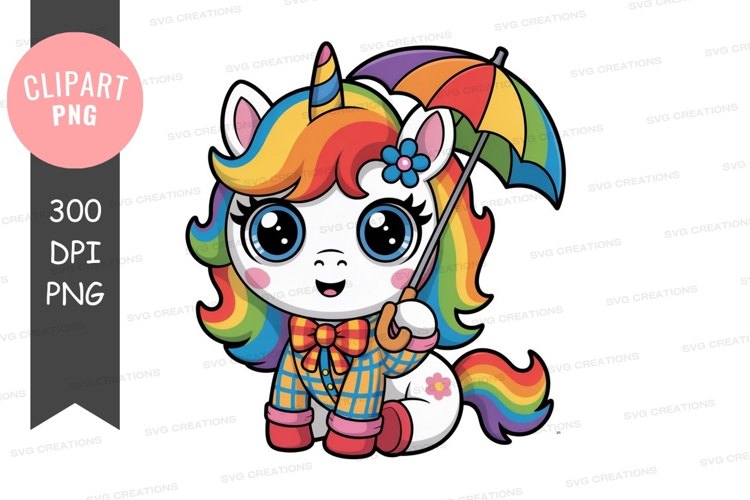Cute cartoon unicorn with rainbow hair holding an umbrella