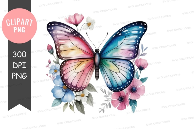 Colorful butterfly with flowers clipart png