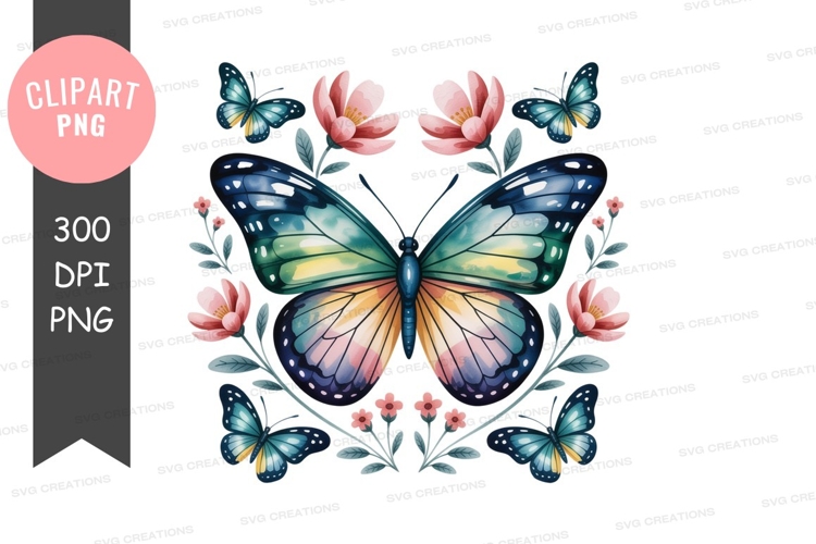 Colorful butterfly with flowers clipart png