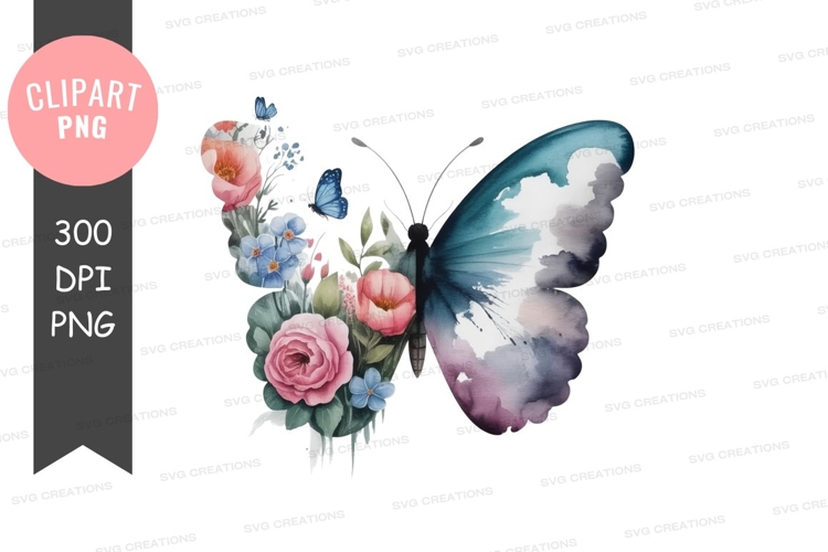 Watercolor butterfly with flowers png